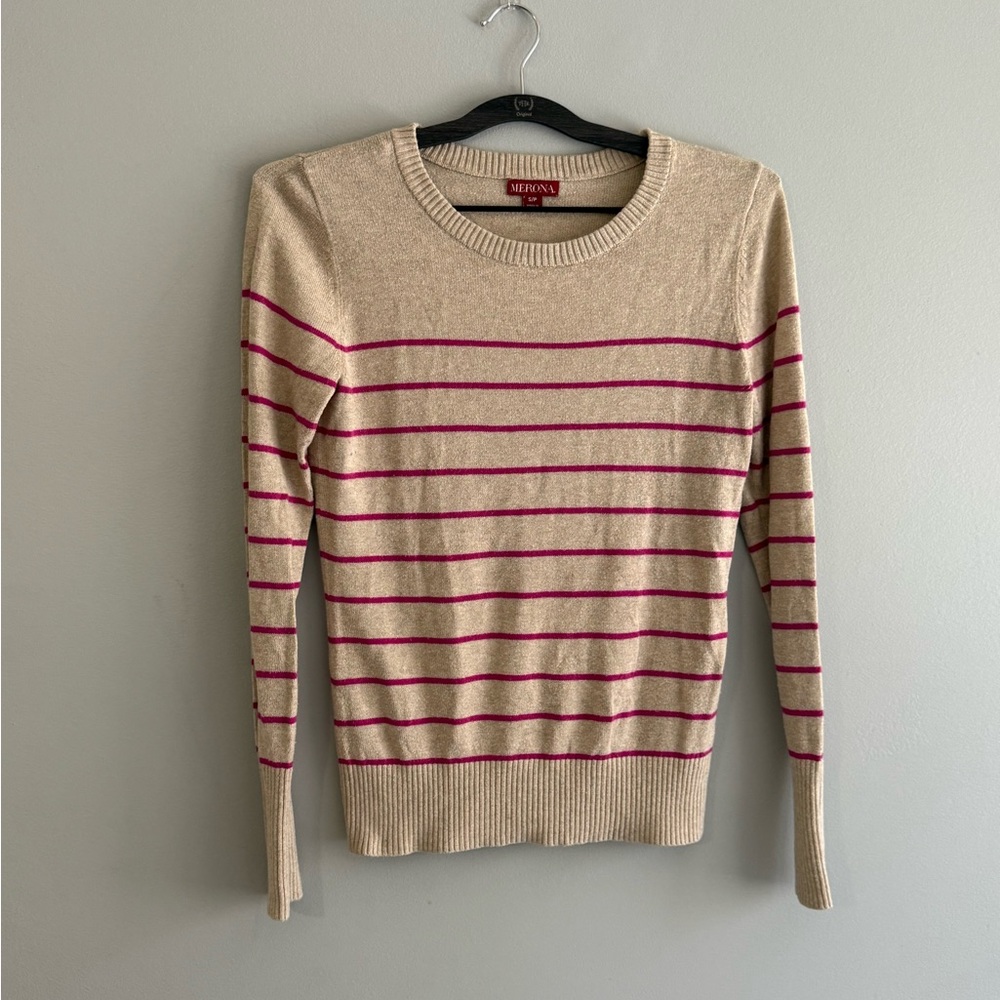 Merona Beige Crewneck Sweater with Pink Stripes